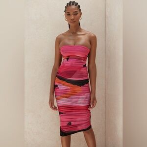 House of CB Sasha Multicolored Strapless Ruched Midi Dress